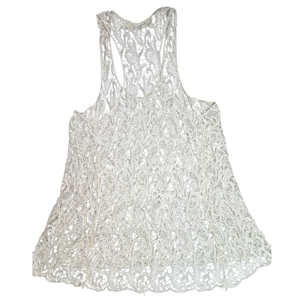 Solitaire Womens White Cotton Crochet Lace Racerback Tank Top Sheer Boho Medium